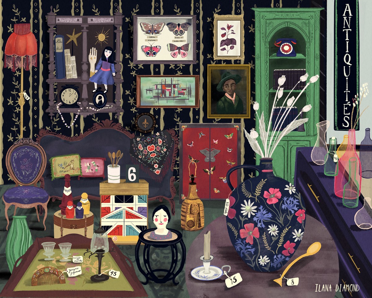 An editorial illustration of an interior of an antique shop filled with bric a brac, statues, combs, vases, lamps, paintings, and other antiques