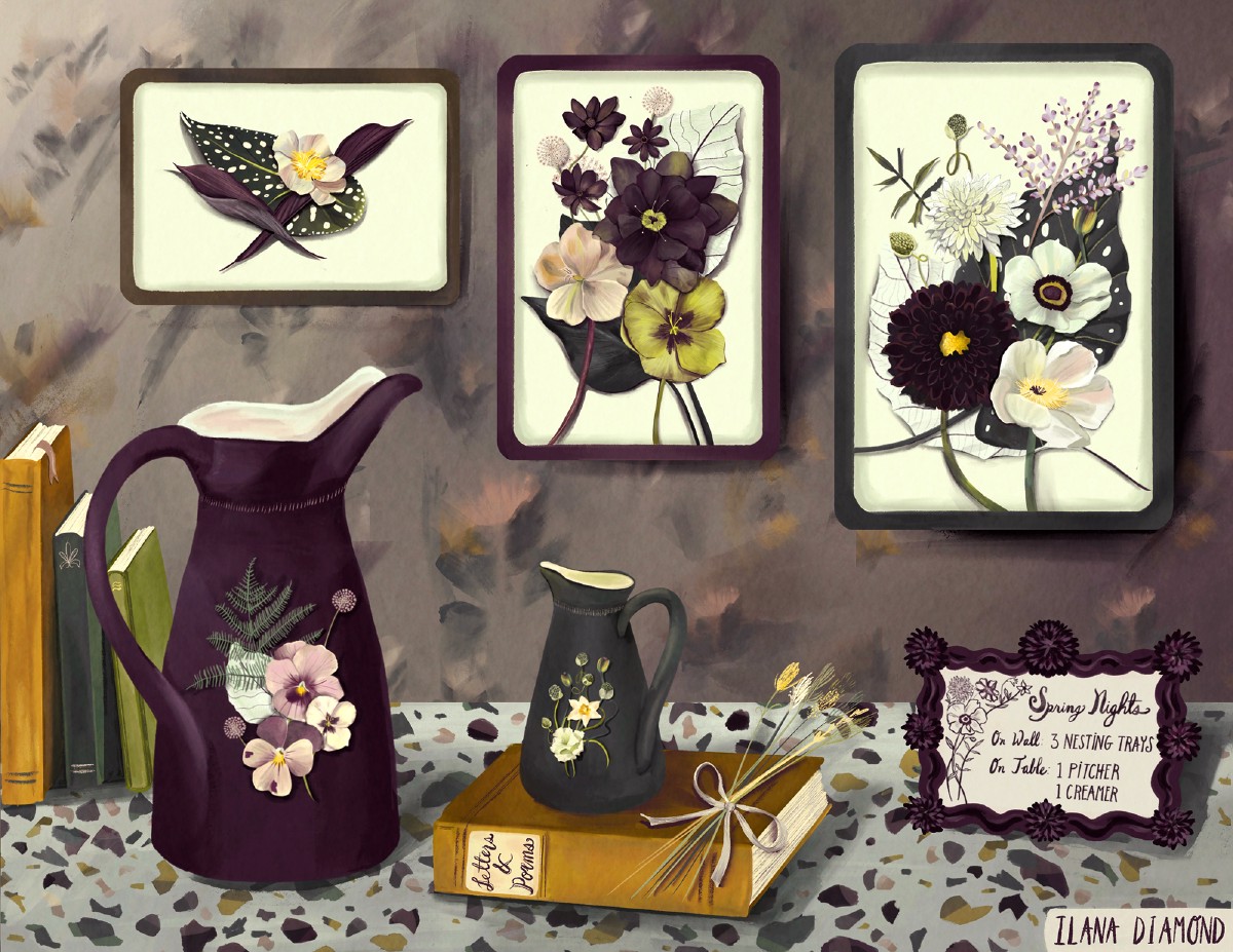 An illustration of a home decor set depicting serving plates and pitchers of beautiful flowers in a moody palette.