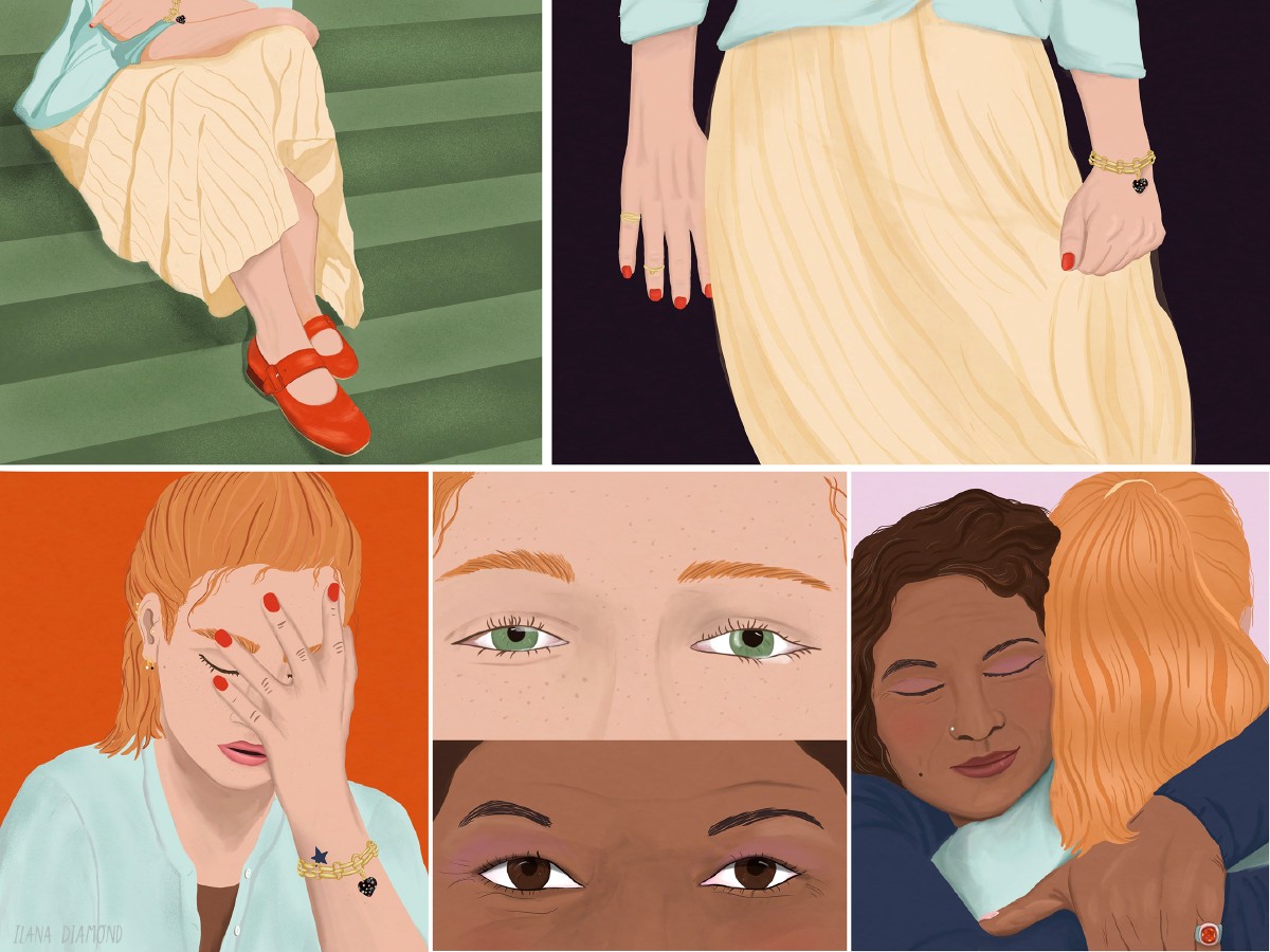 An editorial illustration of two women featured in a graphic novel format with close-ups of red shoes, hands, and eyes.