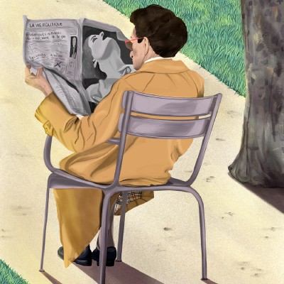 An editorial illustration of a person reading a newspaper in Paris, France.