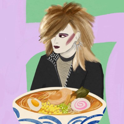 Detail from an illustrated map of Meguro in Tokyo, Japan, showing a punk musician above a bowl of ramen